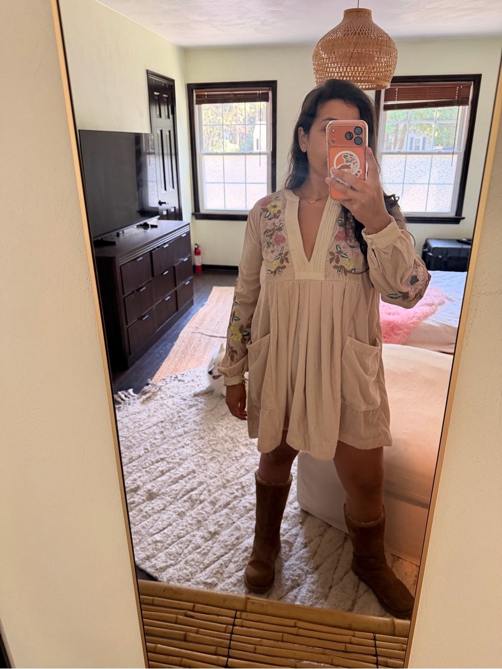 Free people embroidered floral suede corduroy mini dress Mia velvet